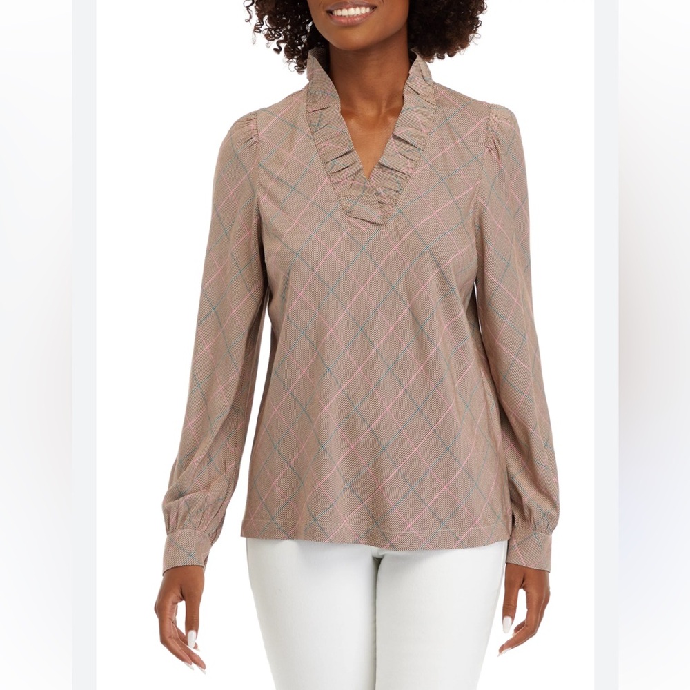 Crown & Ivy Brown Plaid Spring Blouse with Pink Accents
